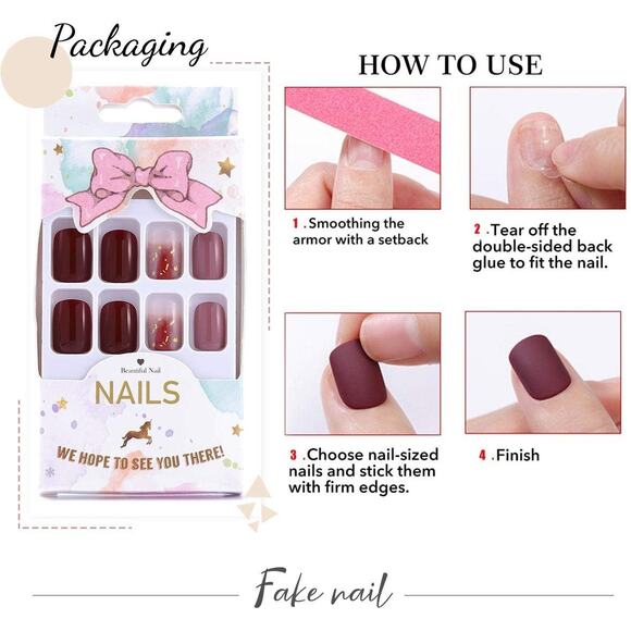 Square Press on Nails, Short Fake French Acrylic - False Nails for Women 24Pcs - Picture 7 of 7